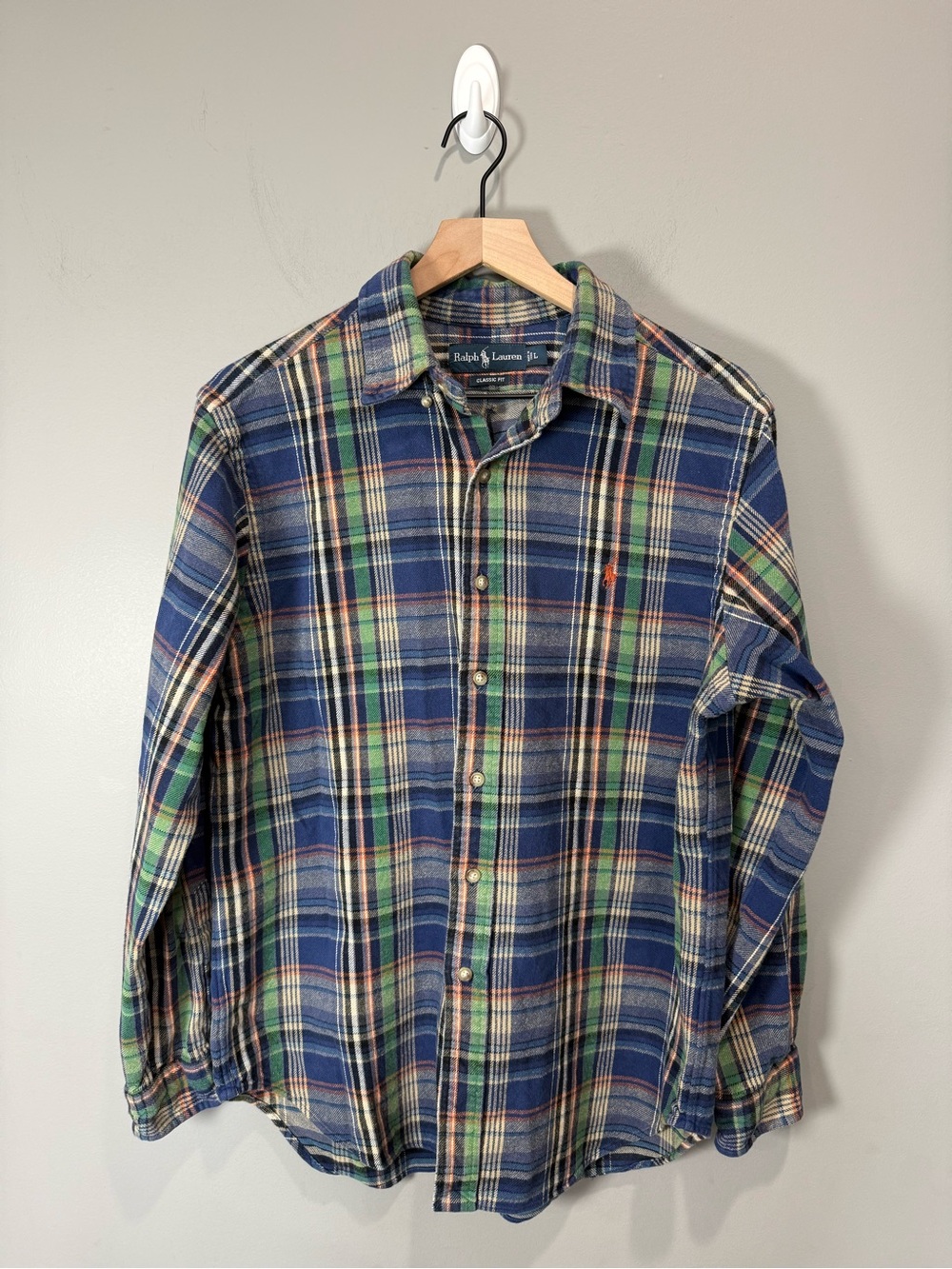 Ralph Lauren Classic Fit Plaid Flannel Button Down Shirt Blue‎ Green Large